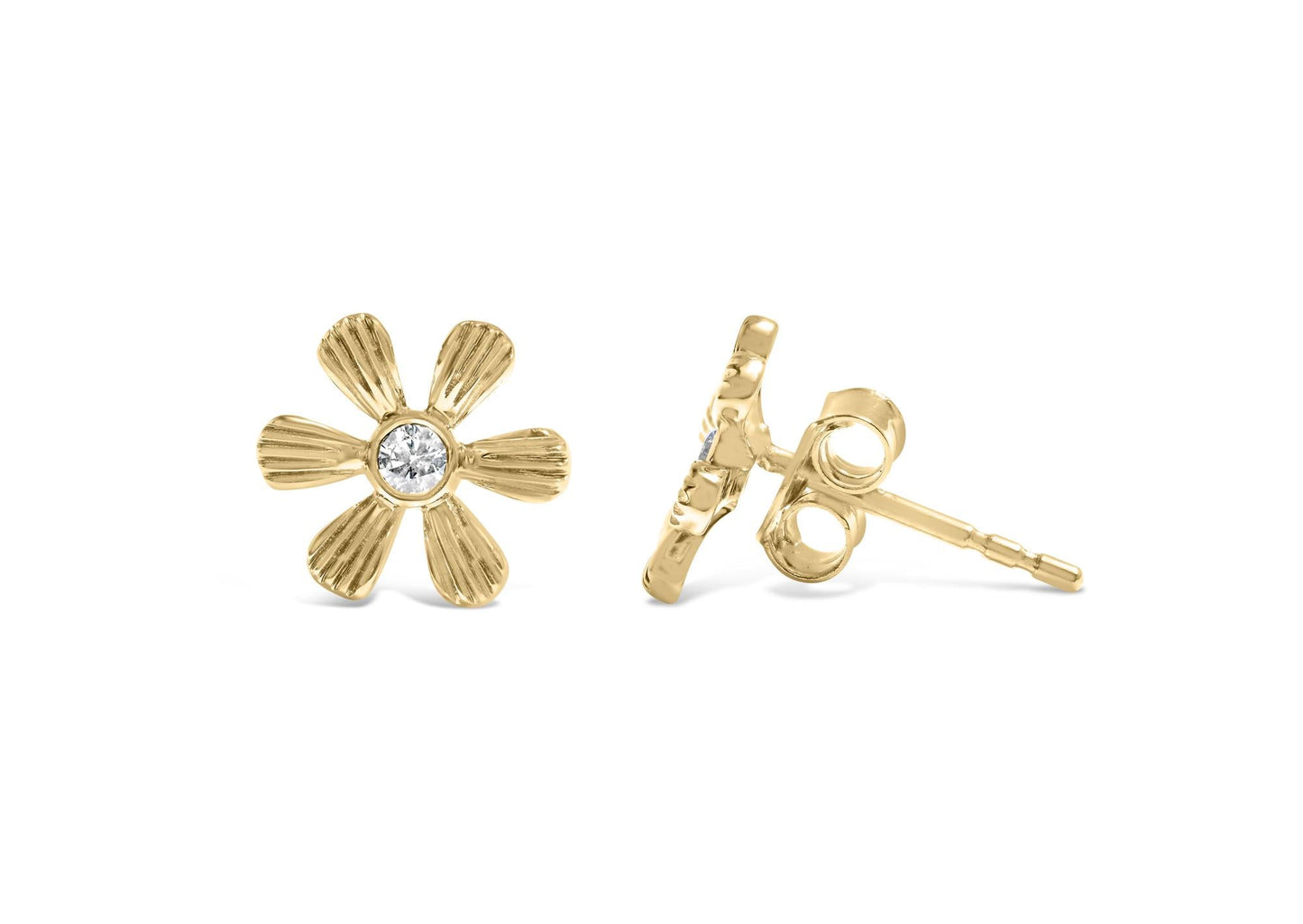 10K Yellow Gold Bezel Set Diamond Accent Hammered Finish Floral Stud Earrings (I-J Color, I1-I2 Clarity)