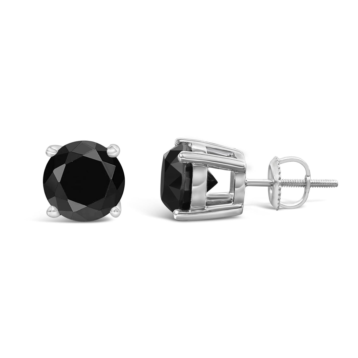 14K White Gold Round Brilliant-Cut Black Diamond Classic 4-Prong Stud Earrings with Screw Backs (Fancy Color-Enhanced, I2-I3 Clarity)