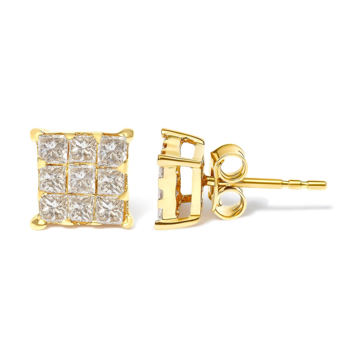 14K Yellow Gold 3/4 Cttw Invisible Set Princess-Cut Diamond 9 Stone Square Stud Earrings (J-K Color, SI2-I1 Clarity)