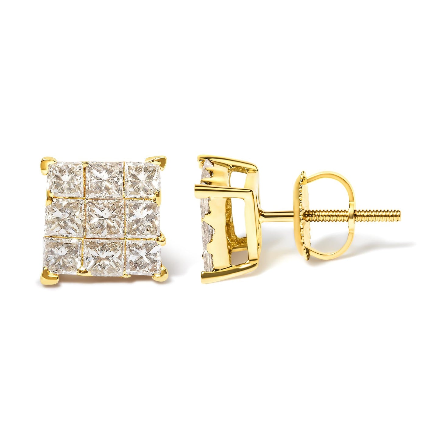 14K Yellow Gold 1.0 Cttw Invisible Set Princess-Cut Diamond 9 Stone Square Stud Earrings (J-K Color, SI2-I1 Clarity)