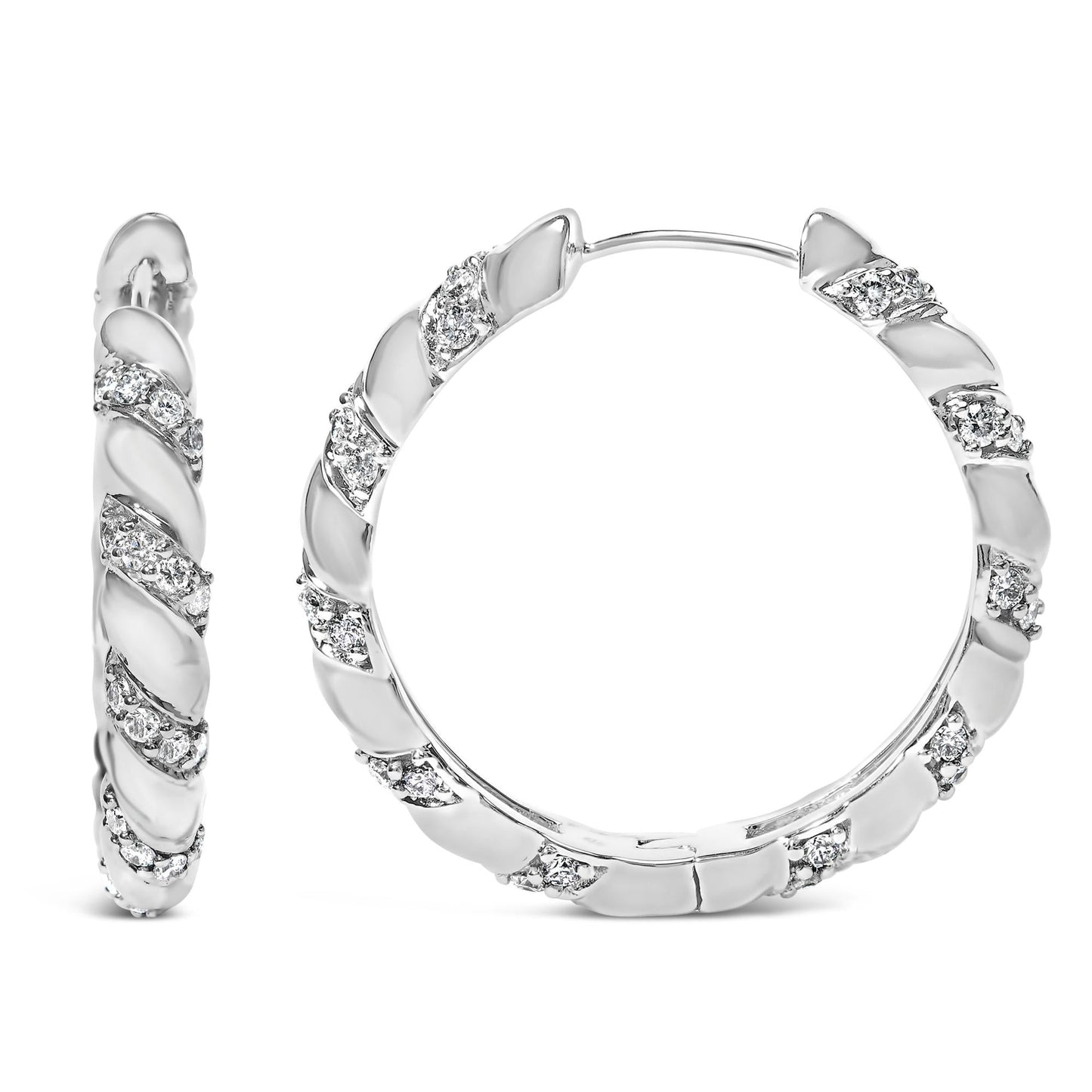 14K White Gold 1 1/5 Cttw Lab Grown Diamond Swirl Design 1" Inch Hoop Earrings (F-G Color, VS1-VS2 Clarity)