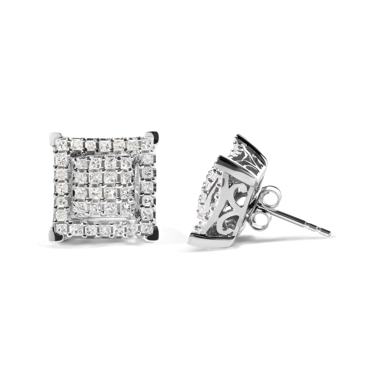 10K White Gold 1 1/4 Cttw Princess Diamond Composite Double Square and Halo Stud Earrings (I-J Color, I1-I2 Clarity)