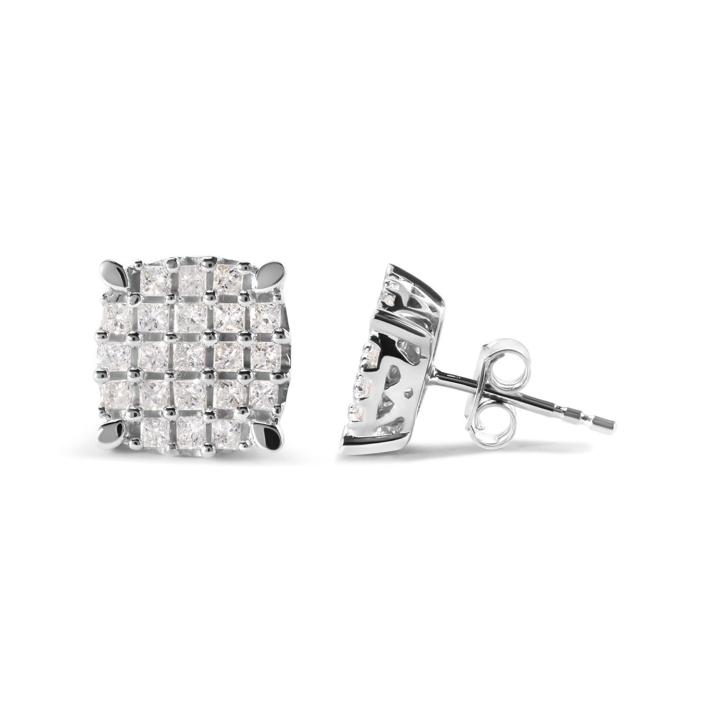 10K White Gold 3/4 Cttw Princess Diamond Composite Cushion Shape Stud Earrings (I-J Color, I1-I2 Clarity)