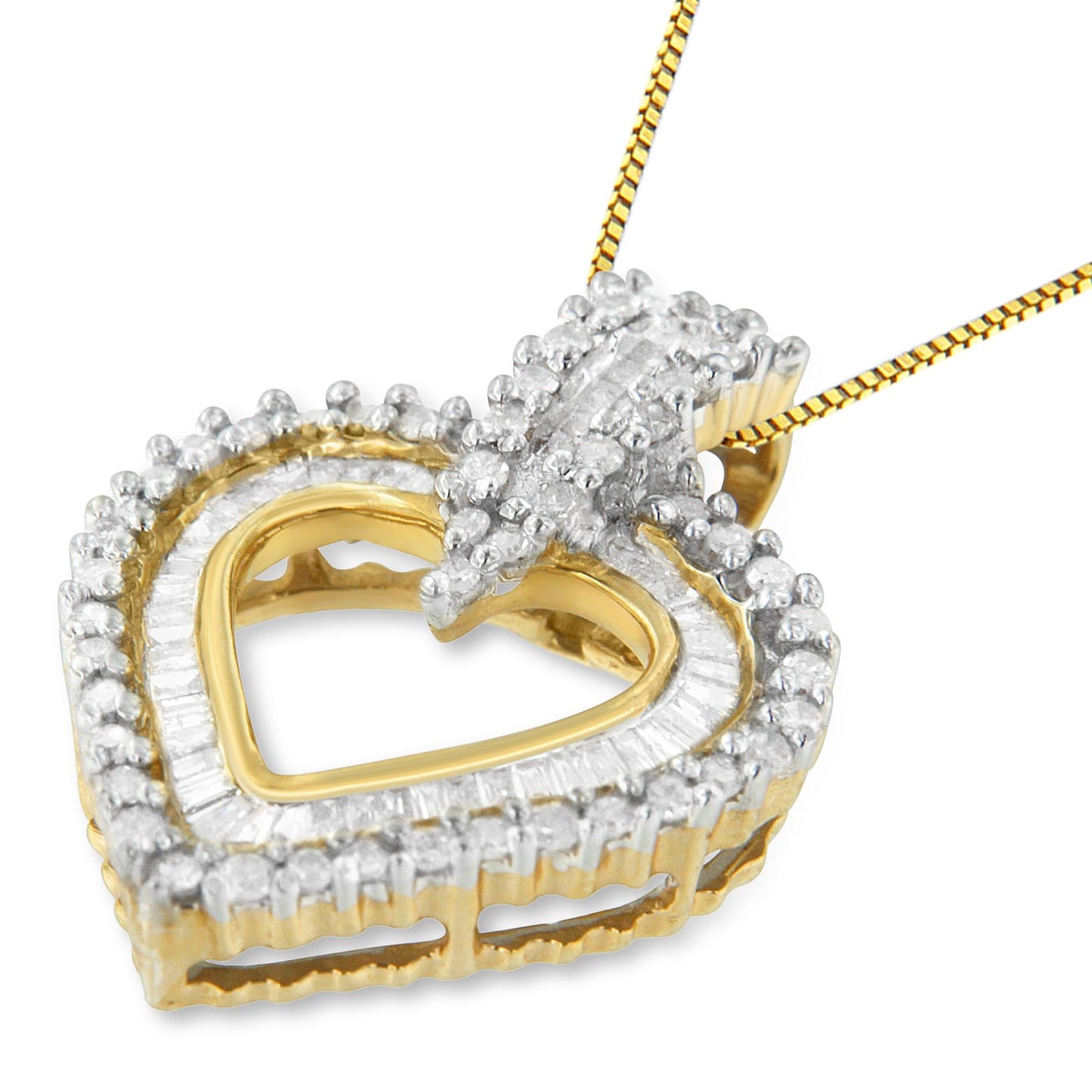 10K Yellow Gold Round and Baguette Cut Diamond Heart Shaped Pendant Necklace (1 cttw, H-I Color, I2-I3 Clarity)