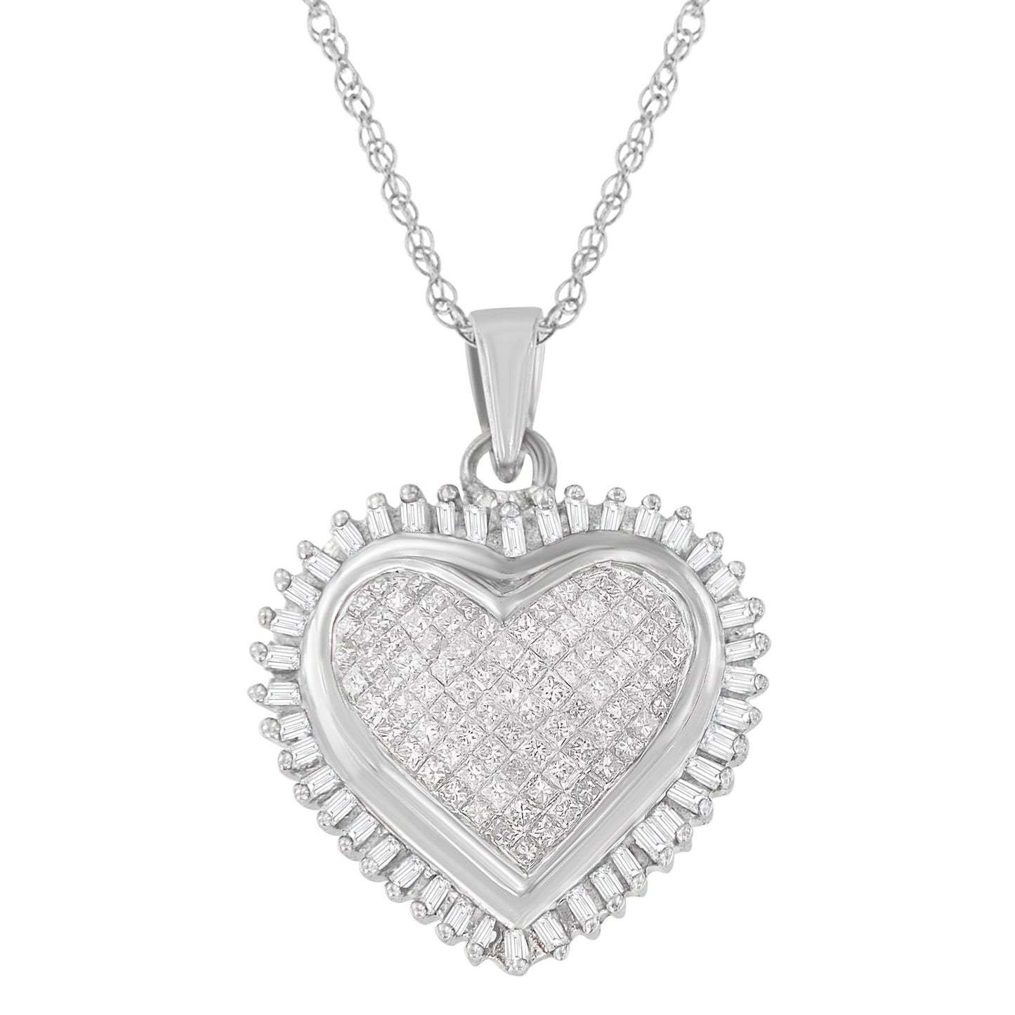 10K White Gold Princess and Baguette Cut Diamond Forever Love Halo Pendant Necklace (1.00 cttw, H-I Color, I2-I3 Clarity)