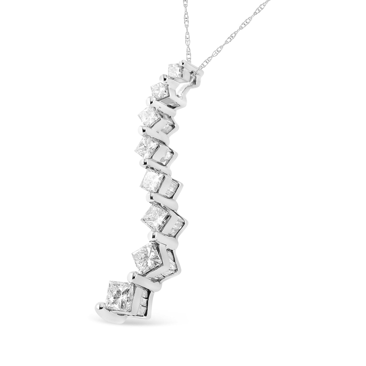 14K White Gold 2.00 Cttw Princess-cut and Baguette-Cut Diamond Journey 18" Pendant Necklace (H-I Color, SI2-I1 Clarity)