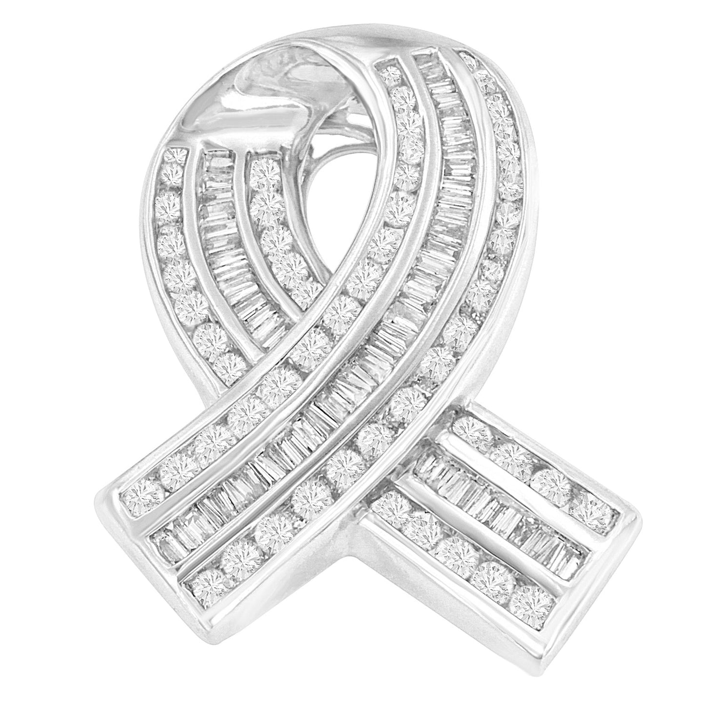 14K White Gold 2 5/8 Cttw Channel Set Round and Baguette Diamond Awareness Ribbon Pendant (H-I Color, I1-I2 Clarity) - Chain Not Included