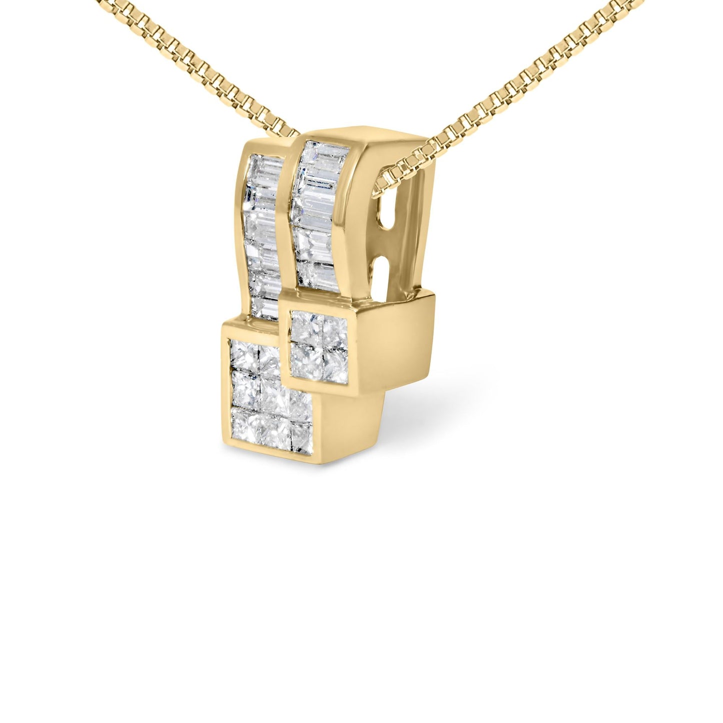 14K Yellow Gold 1 1/2 cttw Princess and Baguette Cut Diamond Geometric Pendant Necklace (H-I Color, VS1-VS2 Clarity)