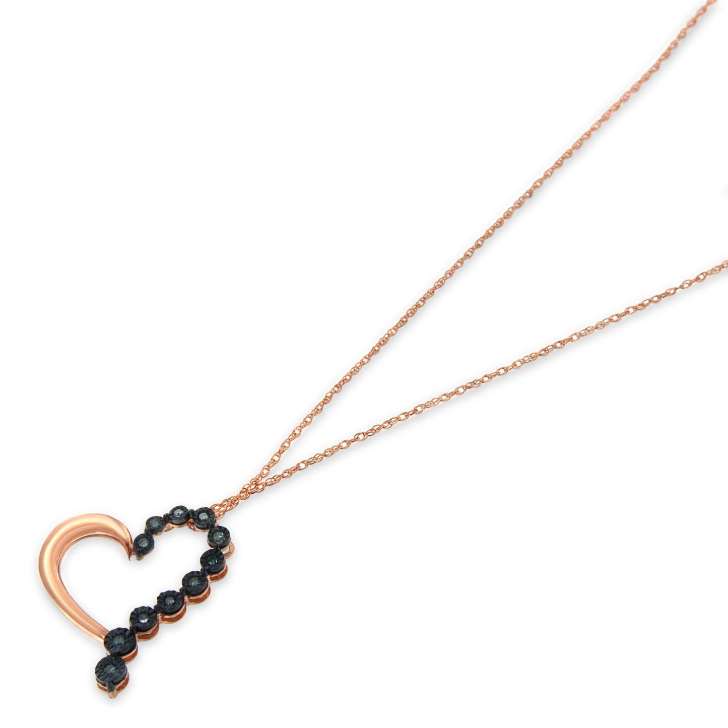 10K Rose Gold over .925 Sterling Silver 1/10 Cttw Diamond Miracle-Set Open Heart 18" Pendant Necklace (Enhanced Blue Color, I2-I3 Clarity)