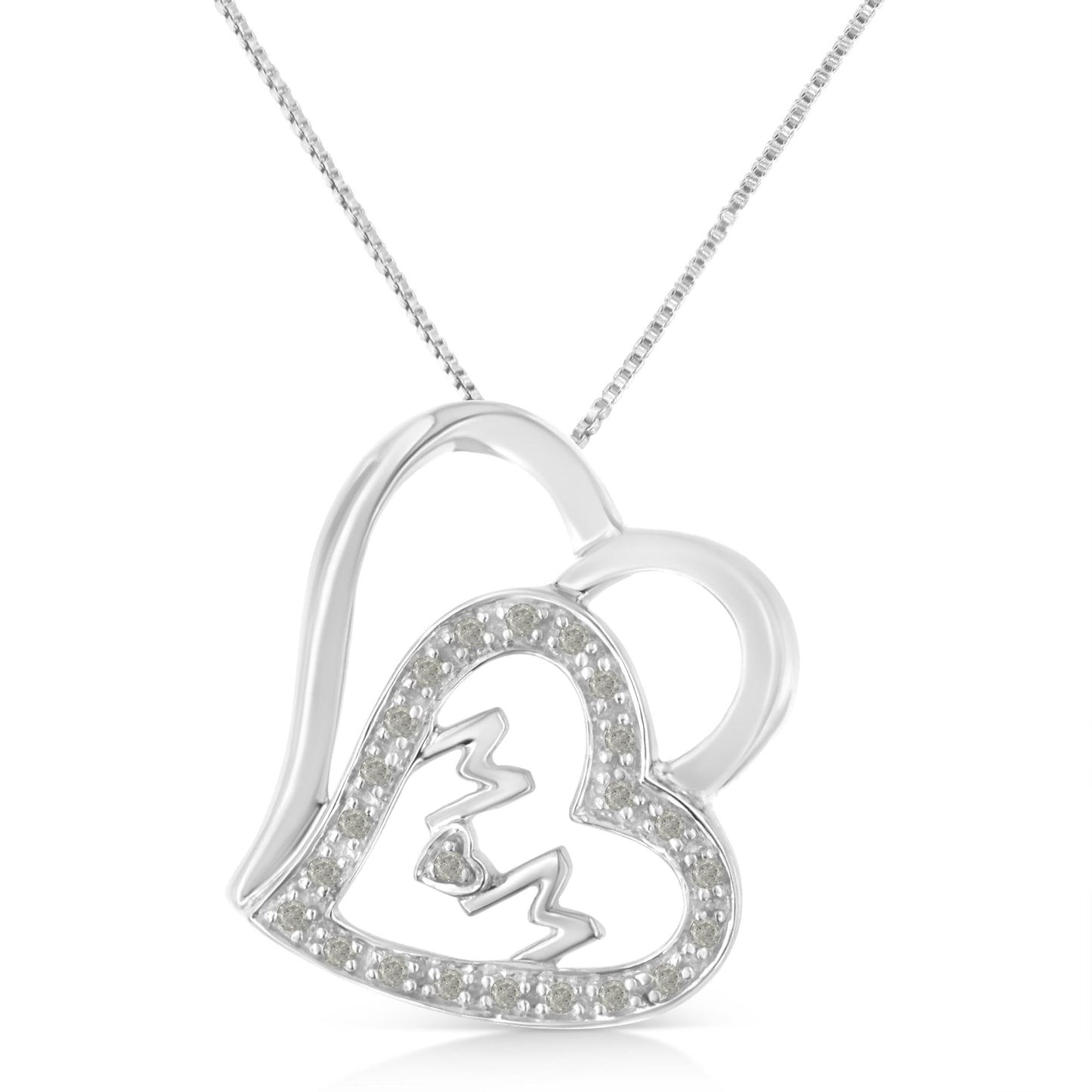 .925 Sterling Silver 1/10 Cttw Diamond Double Heart and Mom 18" Pendant Necklace (I-J Color, I3 Clarity)