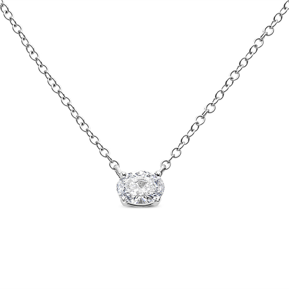 14K White Gold 1/2 Cttw Lab Grown Oval Shape Solitaire Diamond East West 18" Pendant Necklace (E-F Color, VS1-VS2 Clarity)