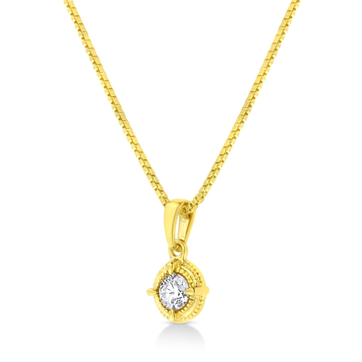 14K Yellow Gold Plated .925 Sterling Silver Brilliant Round Cut Diamond Solitaire Milgrain 18" Pendant Necklace