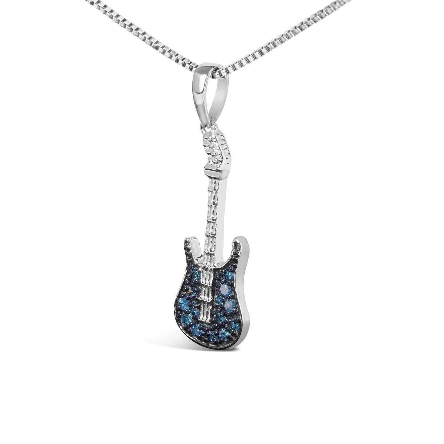 925 Sterling Silver 1/10 Cttw Treated  Diamond Guitar 18" Pendant Necklace (Blue Color, I2-I3 Clarity)