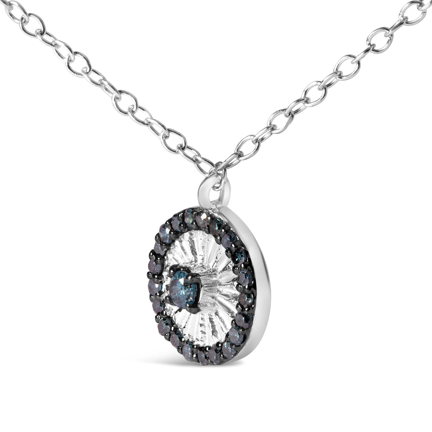 .925 Sterling Silver 1/6 Cttw Blue Diamond Wheel and Spoke Pendant Necklace (Blue Color, I2-I3 Clarity) - 18"