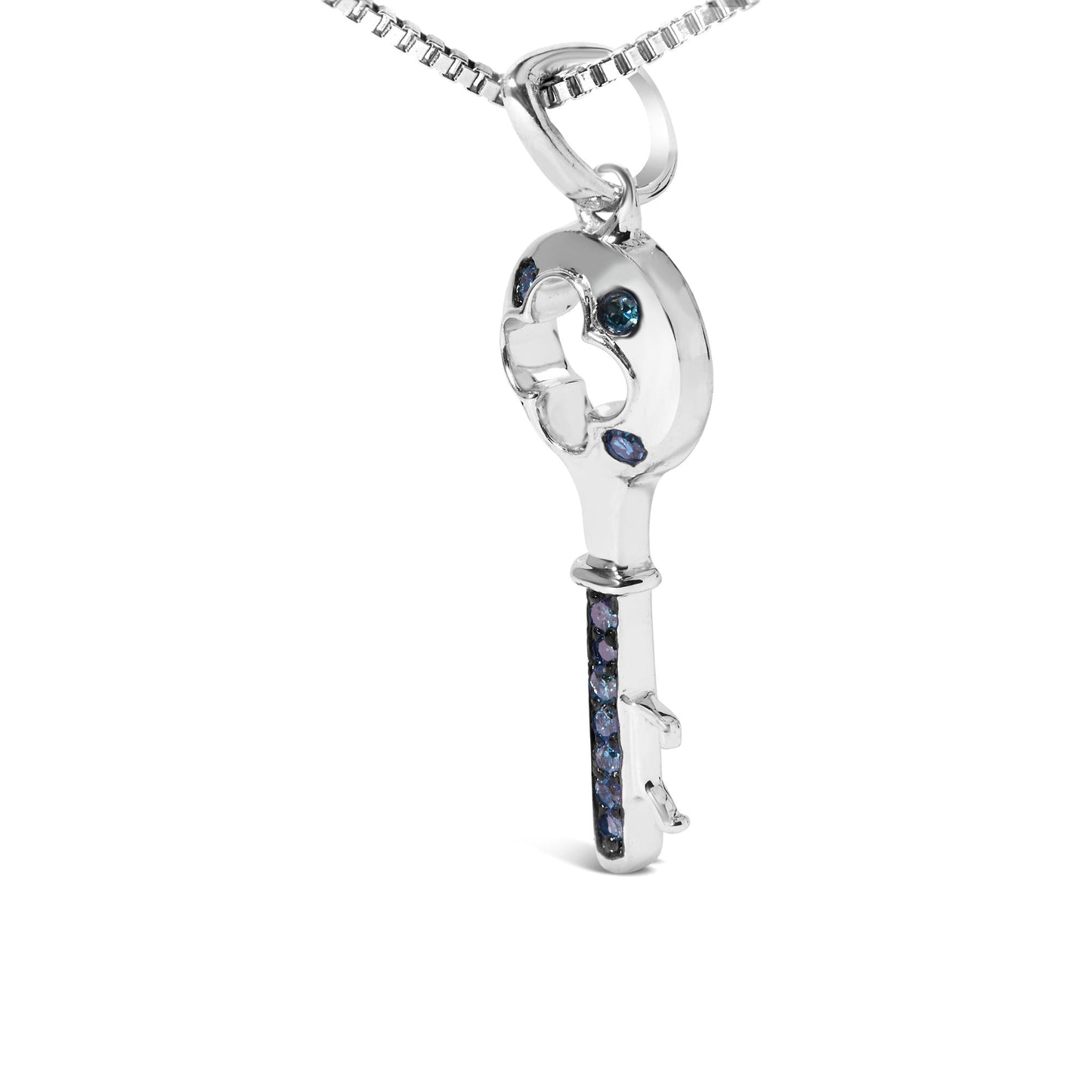 .925 Sterling Silver Blue Diamond Accent Key Pendant Necklace (Blue Color, I2-I3 Clarity) - 18" Inches