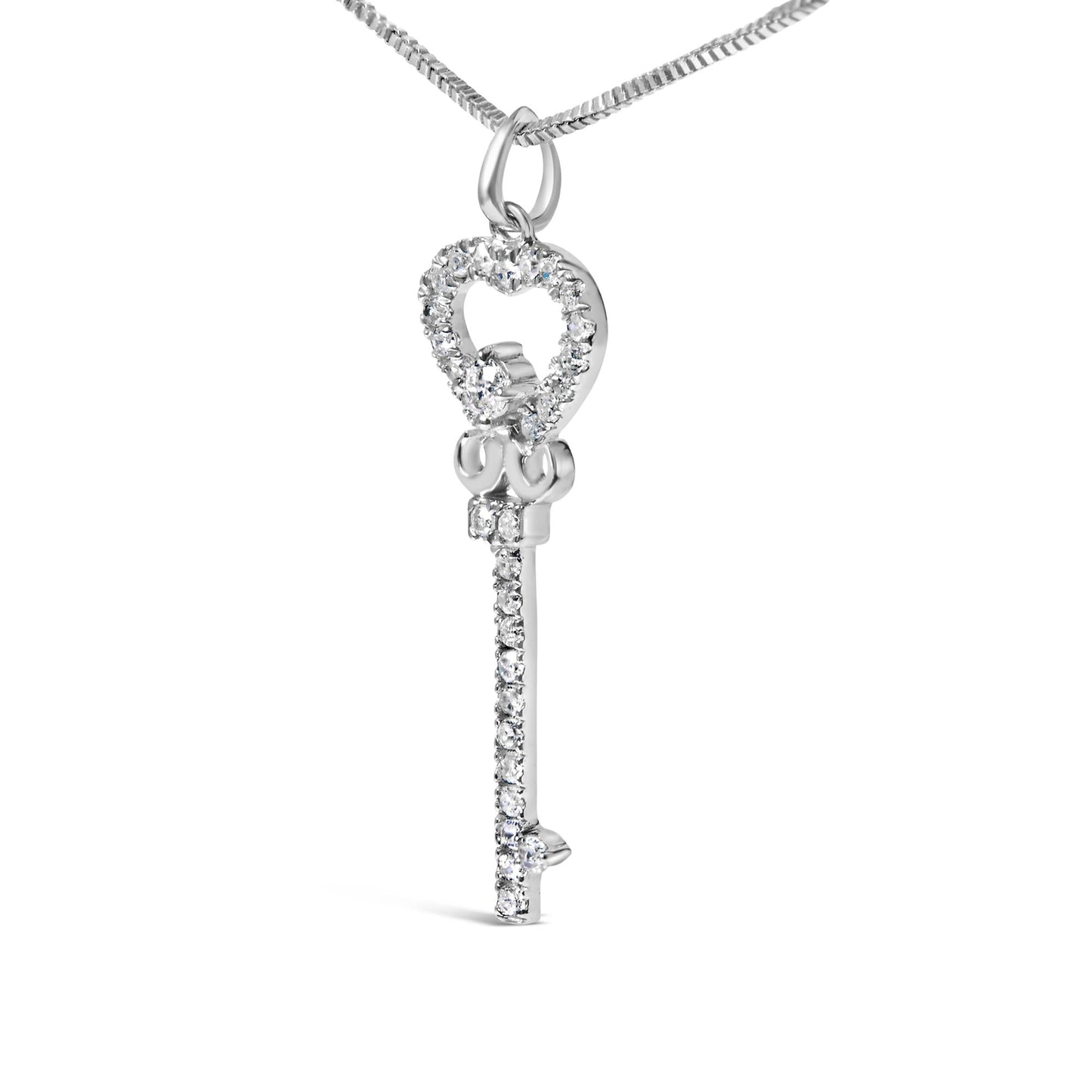 .925 Sterling Silver 1/3 Ctw Diamond Studded Key 18" Pendant Necklace (H-I Color, I2-I3 Clarity)