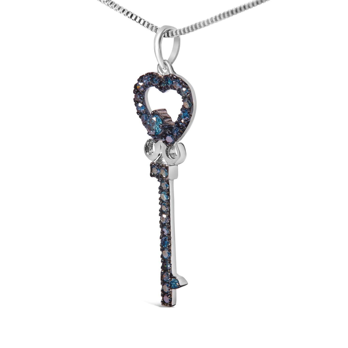 .925 Sterling Silver 1/3 Ctw Blue Diamond Studded Key 18" Pendant Necklace (Blue Color, I2-I3 Clarity)