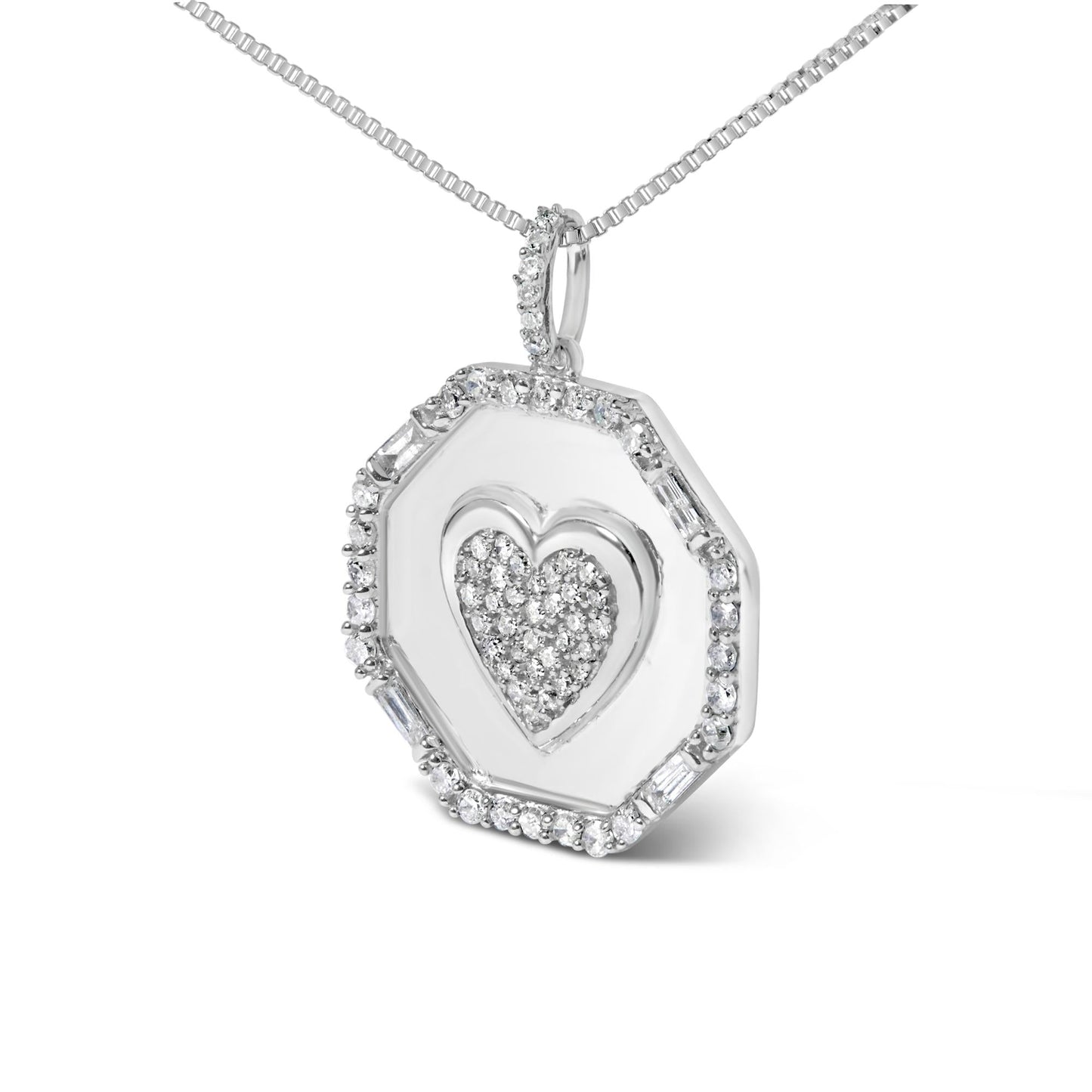 .925 Sterling Silver 5/8 Cttw Diamond Mirror Plate with Heart and Diamond Halo 18" Pendant Necklace (H-I Color, I2-I3 Clarity)