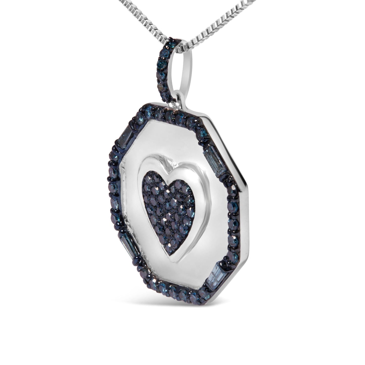 .925 Sterling Silver 5/8 Cttw Blue Diamond Mirror Plate with Heart and Diamond Halo 18" Pendant Necklace (Blue Color, I2-I3 Clarity)