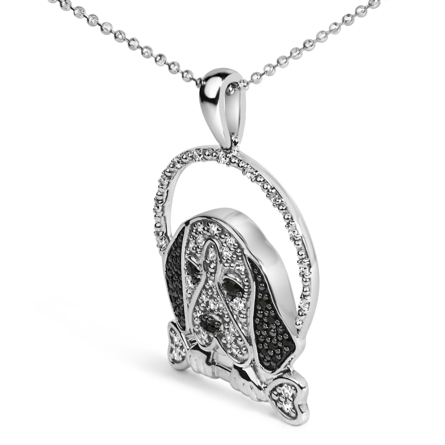 .925 Sterling Silver 1/4 Cttw White and Black Diamond Beagle Dog and Bone Pendant Necklace (I-J Color, I2-I3 Clarity) - 18" Inches