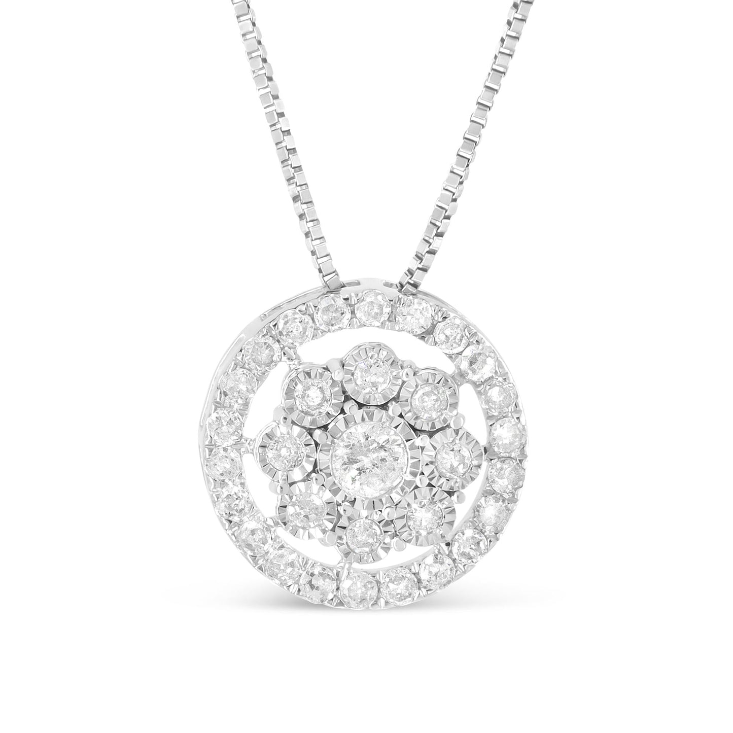 10K White Gold 1/2 Cttw Miracle Set Diamond Cluster Flower Halo 18" Pendant Necklace (I-J Color, I1-I2 Clarity)