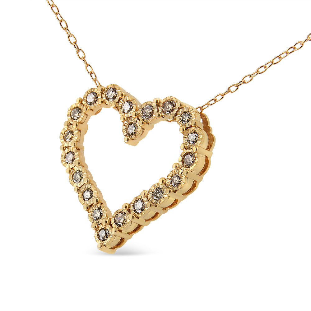 10K Yellow Gold Flashed .925 Sterling Silver 1/2 Cttw Champagne Diamond Miracle Plate Heart Pendant Necklace (K-L Color, I1-I2 Clarity) - 18"