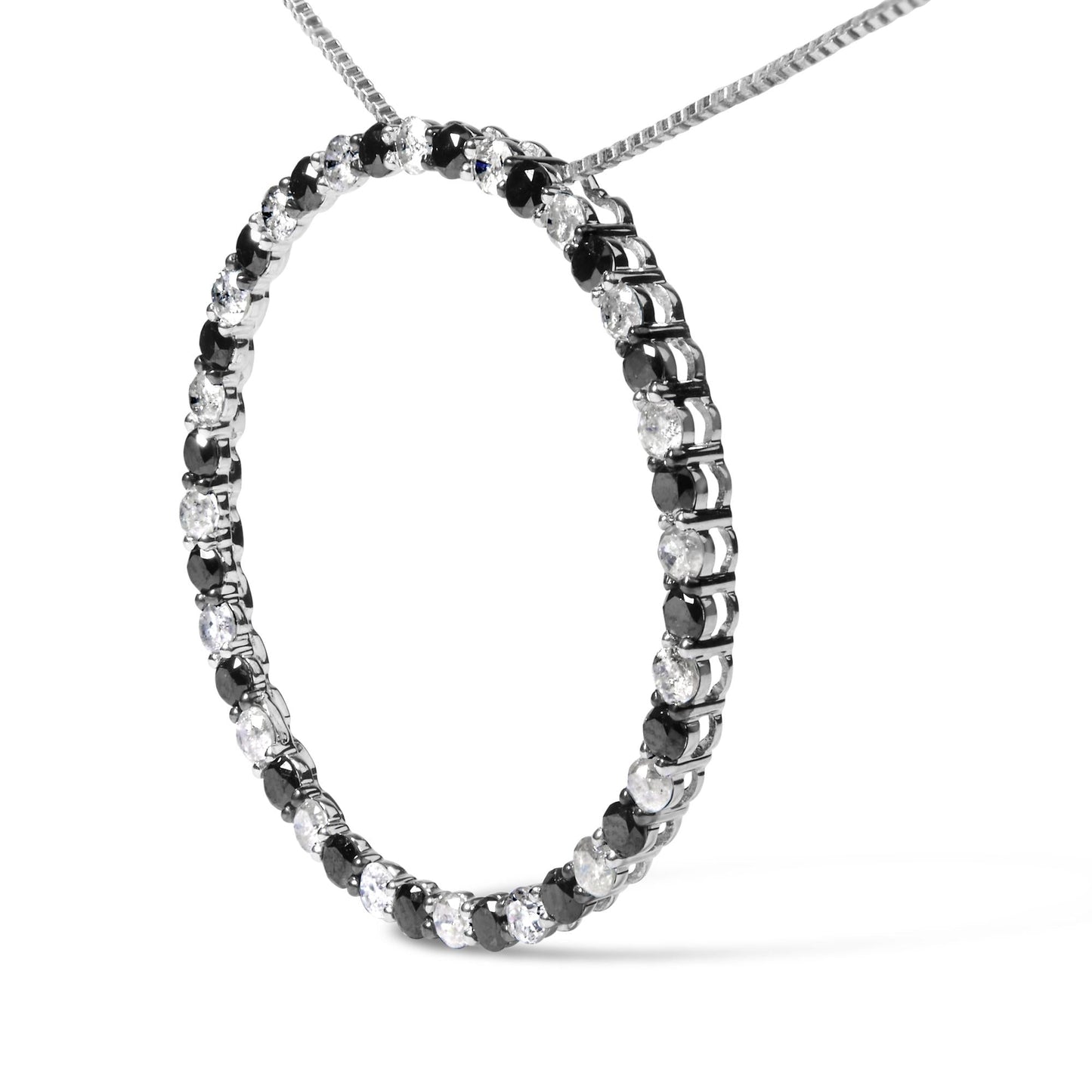 .925 Sterling Silver 2.0 Cttw Alternating Black and White Diamond Open Hoop Circle Pendant Necklace (H-I Color, I2-I3 Clarity) - 18" Inches