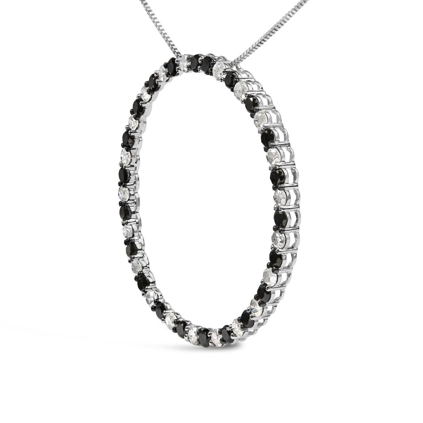 .925 Sterling Silver 3.0 Cttw Alternating Black and White Diamond Open Hoop Circle Pendant Necklace (H-I Color, I3 Clarity) - 18" Inches