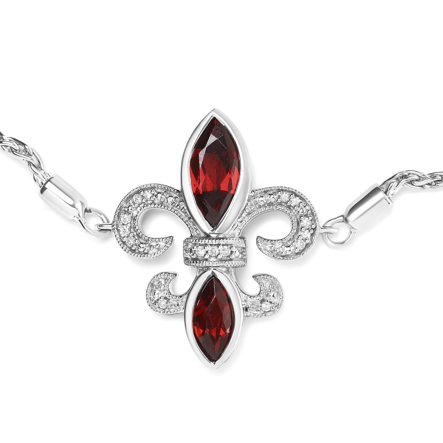 .925 Sterling Silver Marquise Garnet  and Diamond Accent Lariat 4”-10” Fleur De Lis Adjustable Bolo Bracelet (H-I Color, SI1-SI2 Clarity)