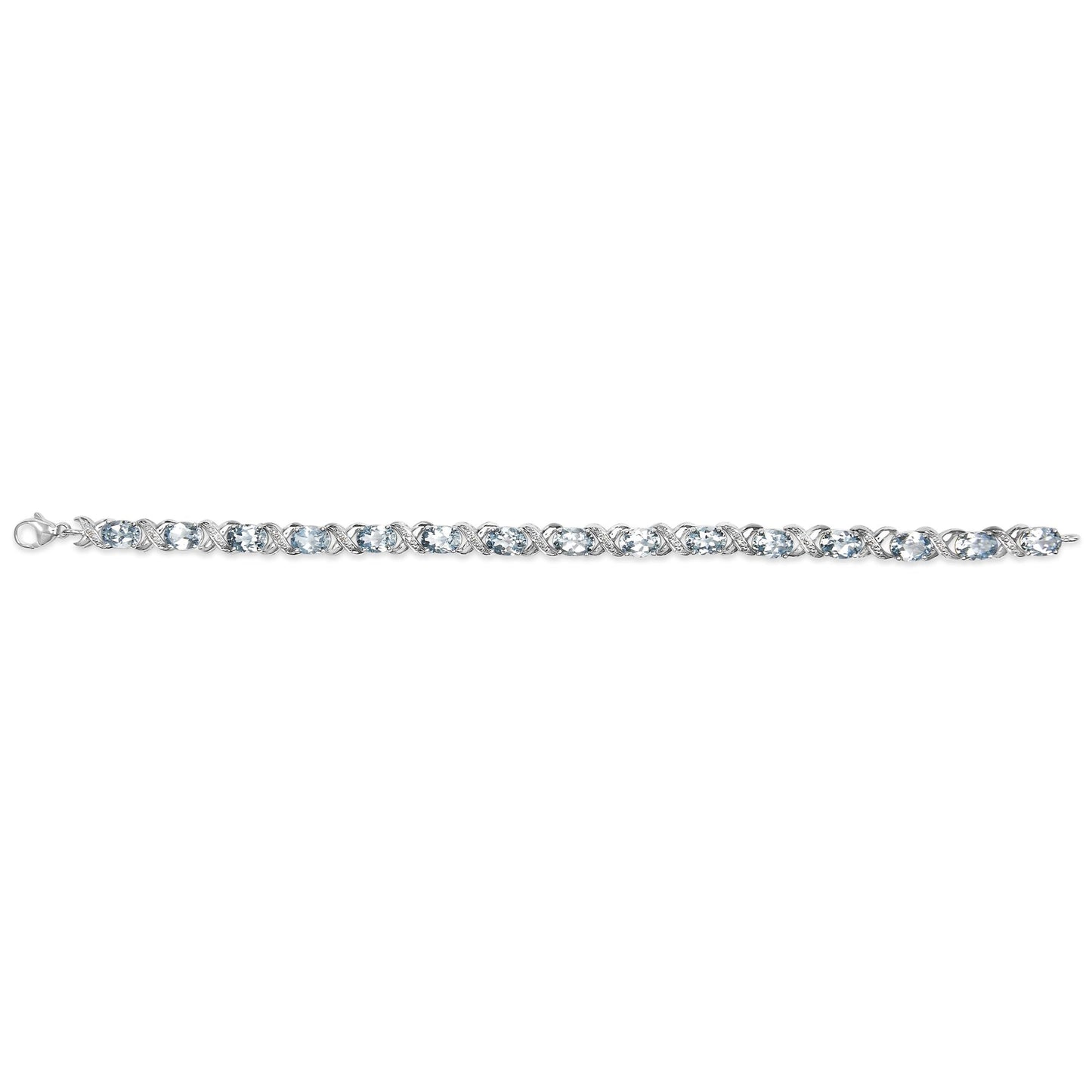 .925 Sterling Silver 16.0 Cttw Oval Blue Topaz and Diamond Accent Tennis X Link Bracelet (I-J Color, I1-I2 Clarity) - Size 7" Inch