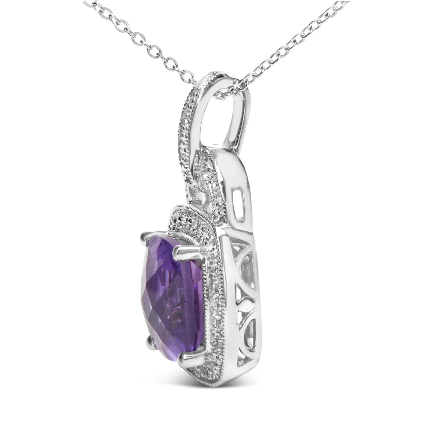 .925 Sterling Silver 10X10 MM Cushion Purple Amethyst and Diamond Accent Halo 18" Pendant Necklace (I-J Color, I1-I2 Clarity)