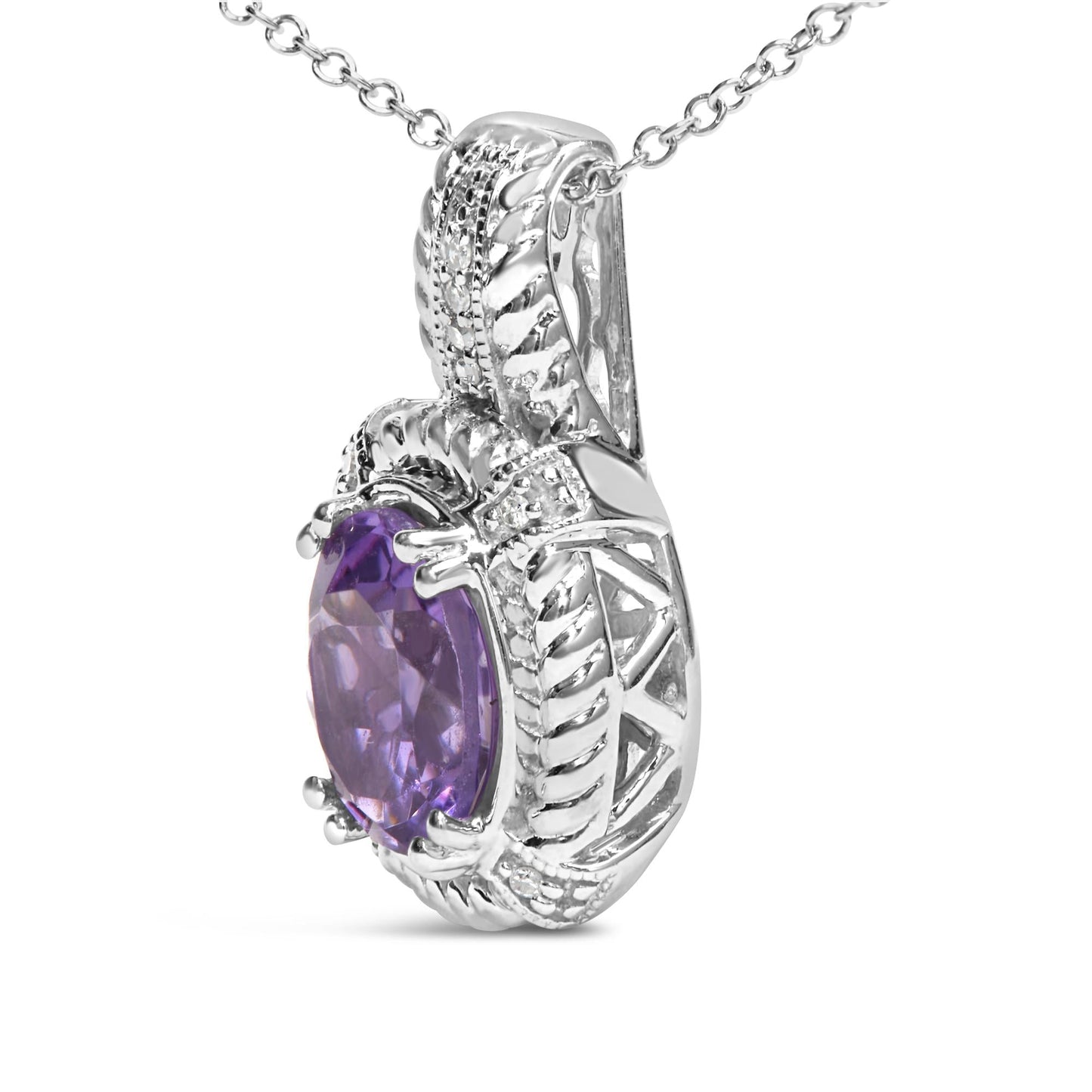 .925 Sterling Silver 9x7mm Oval Purple Amethyst and Round Diamond Accent Fashion Drop Pendant 18 Inch Necklace (I-J Color, I1-I2 Clarity)