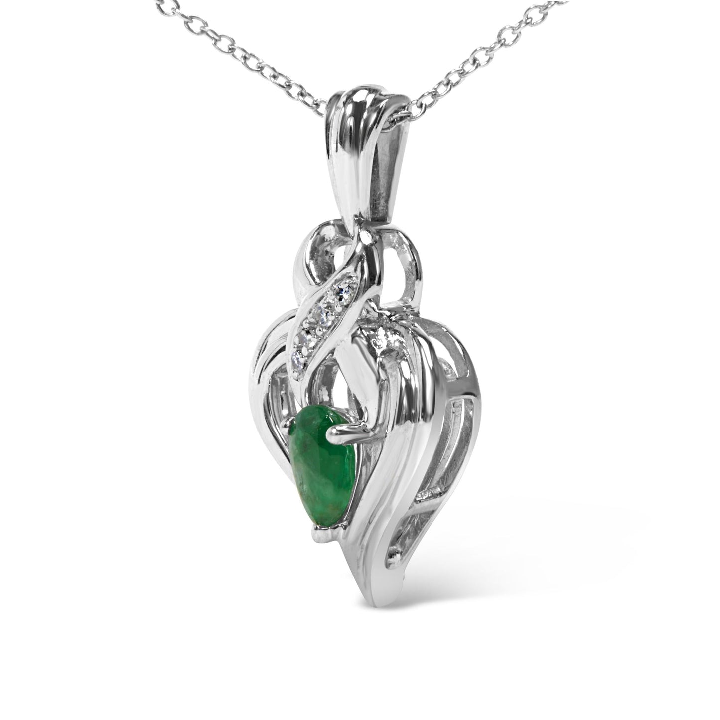 .925 Sterling Silver 6x4mm Pear Emerald and Diamond Accent Heart Pendant Necklace (H-I Color, SI1-SI2 Clarity) - 18 Inches