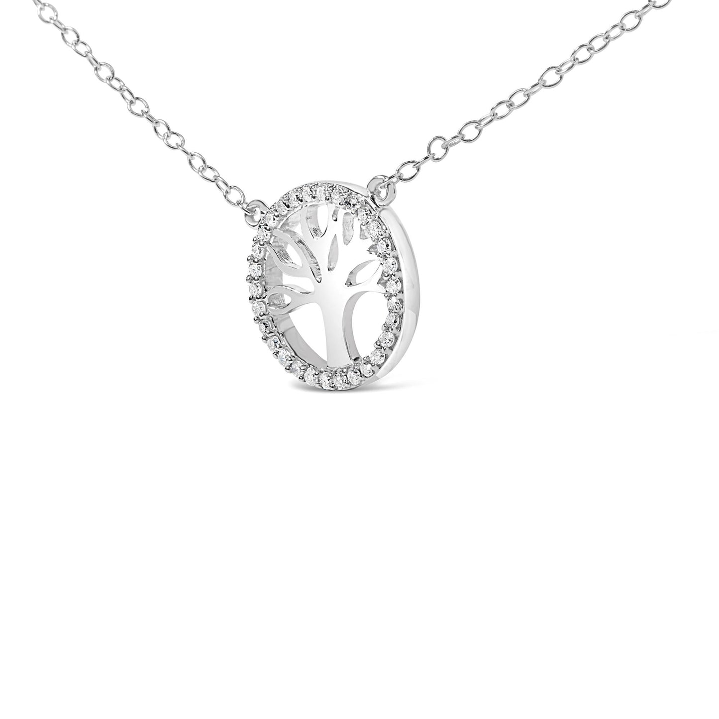 .925 Sterling Silver 1/6 Cttw Diamond Tree of Life and Circle 18" Pendant Necklace (H-I Color, I1-I2 Clarity)