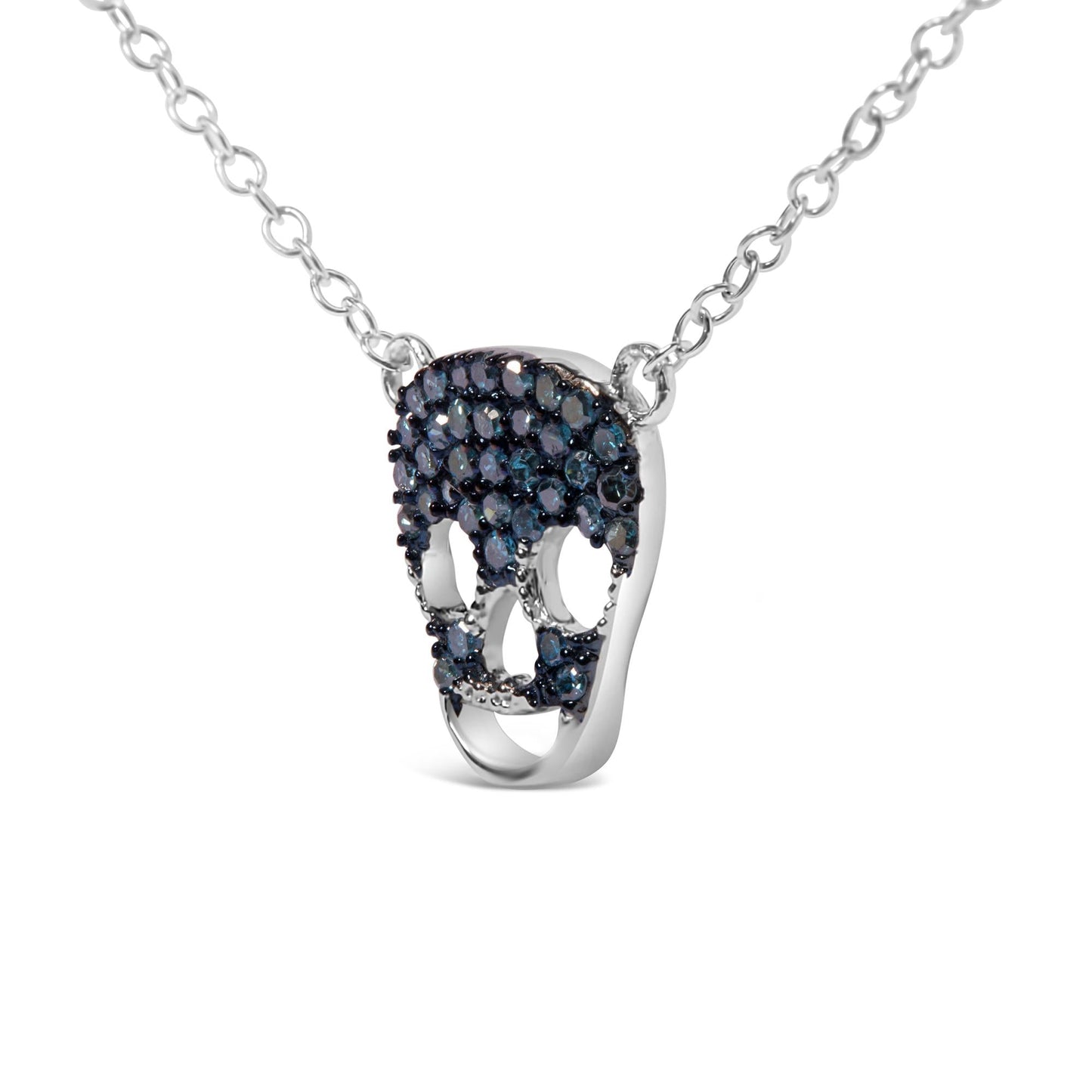 .925 Sterling Silver 1/7 Cttw Blue Diamond Skull Pendant Necklace (Blue Color, SI1-SI2 Clarity) - 18" Inches