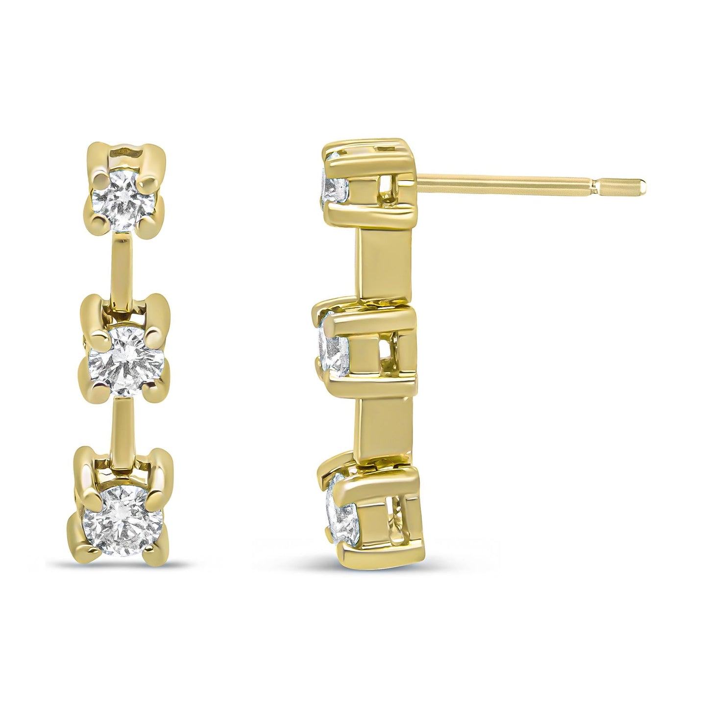 14K Gold Round Diamond 3 Stone Graduated Linear Drop Past, Present and Future Stud Earrings (H-I Color, SI1-SI2 Clarity)