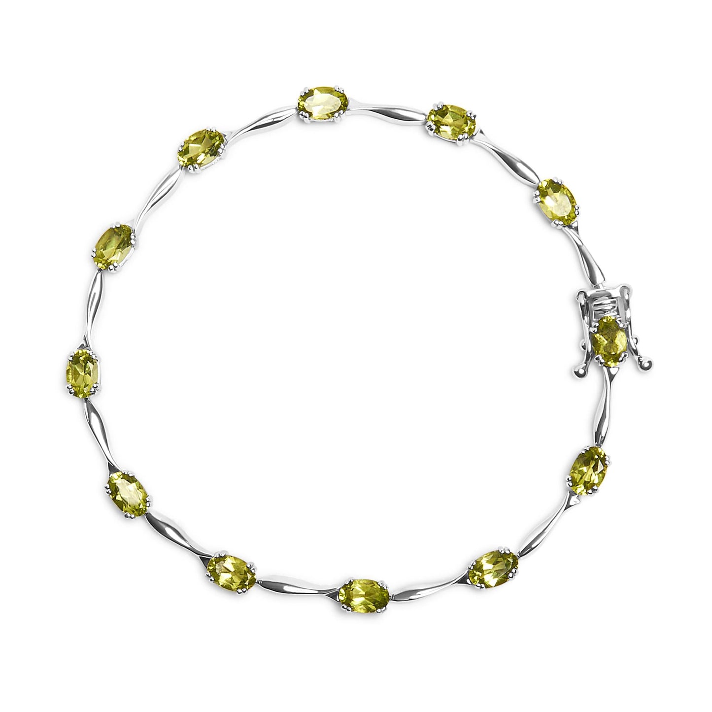 .925 Sterling Silver 5 1/2 Cttw Oval Shaped Created Green Peridot Link Bracelet  - 7" Inches