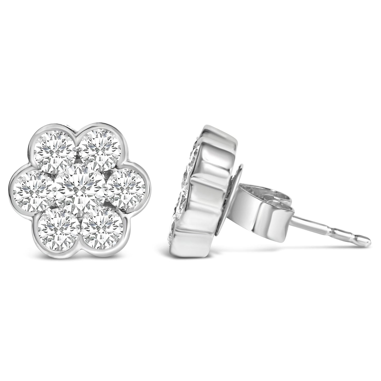 14K White Gold 1 1/3 Cttw Diamond Bezel Style 7 Stone Floral Cluster Stud Earrings (H-I Color, VS2-SI1 Clarity)