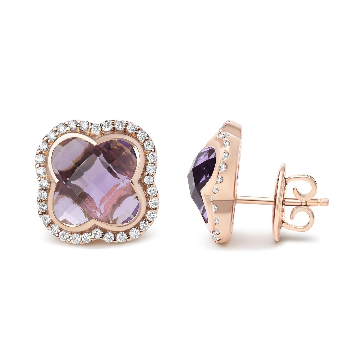 18K Rose Gold 3/8 Cttw Diamond and 11x11mm Clover-Cut Purple Amethyst Gemstone Clover Halo Stud Earrings (G-H Color, SI1-SI2 Clarity)