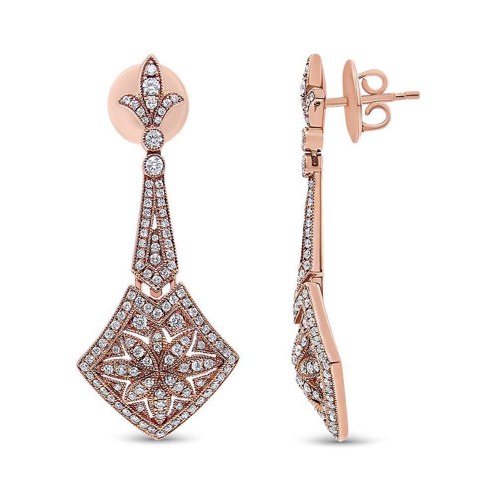 18K Rose Gold 1 1/3 Cttw Diamond Studded Fleur De Lis Trellis Style Drop and Dangle Earring (F-G Color, VS1-VS2 Clarity)