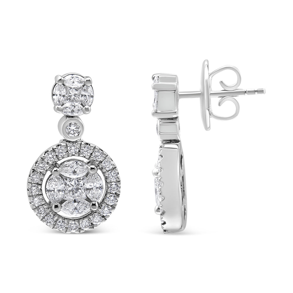 18K White Gold 2.0 Cttw Round Shape Diamond Composite Halo Dangle Stud Earring (F-G Color, VS1-VS2 Clarity)