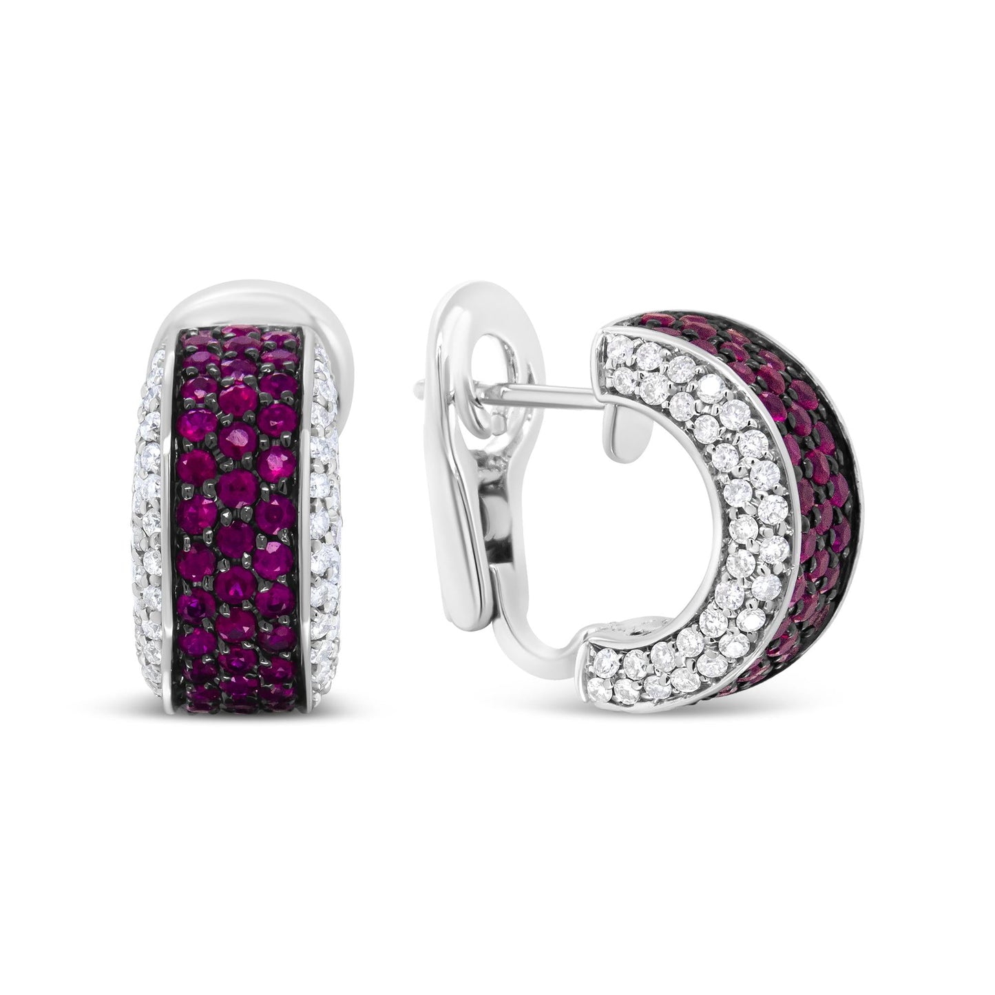 18K White Gold and Black Rhodium Plated 3/4 Cttw Round Diamonds and 1mm Round Red Ruby Huggie Hoop Earrings (F-G Color, VS1-VS2 Clarity)