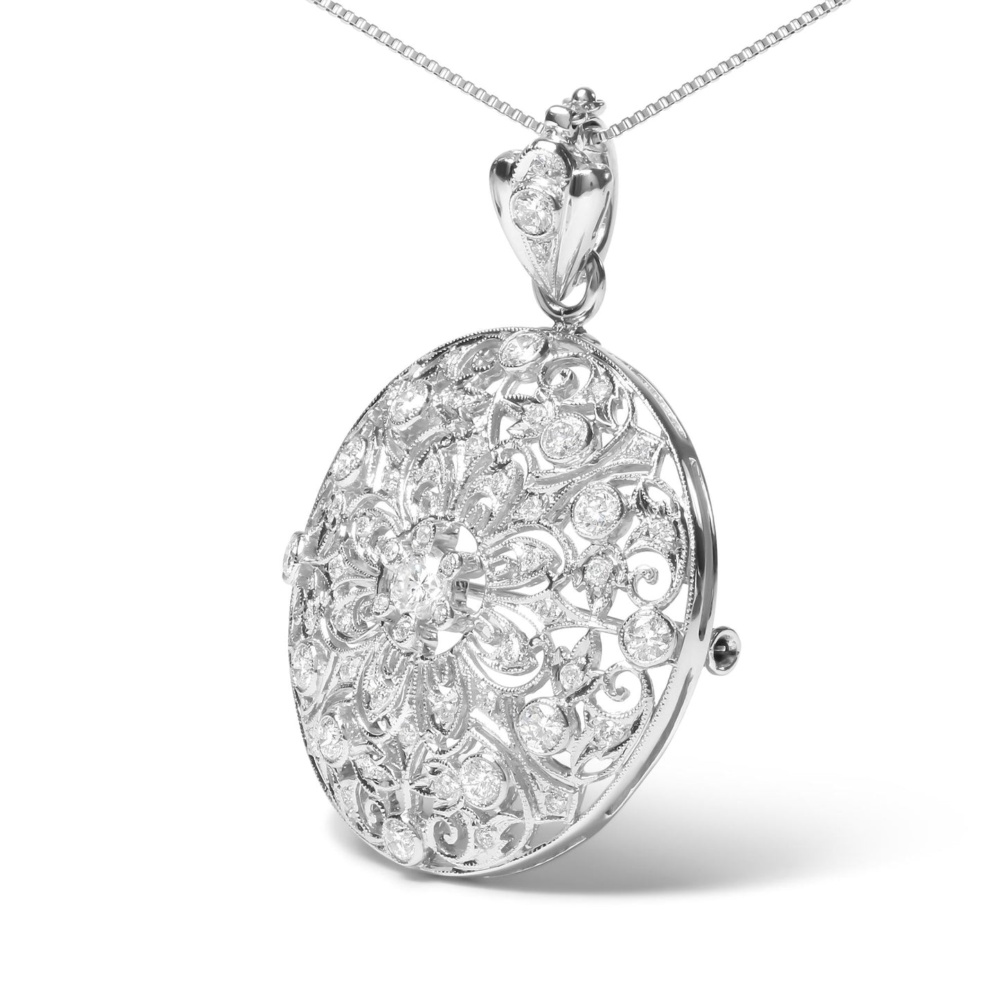 18K White Gold 1 5/6 Cttw Diamond Cluster Floral Filigree Brooch Pin and 18" Pendant Necklace (G-H Color, I1-I2 Clarity)