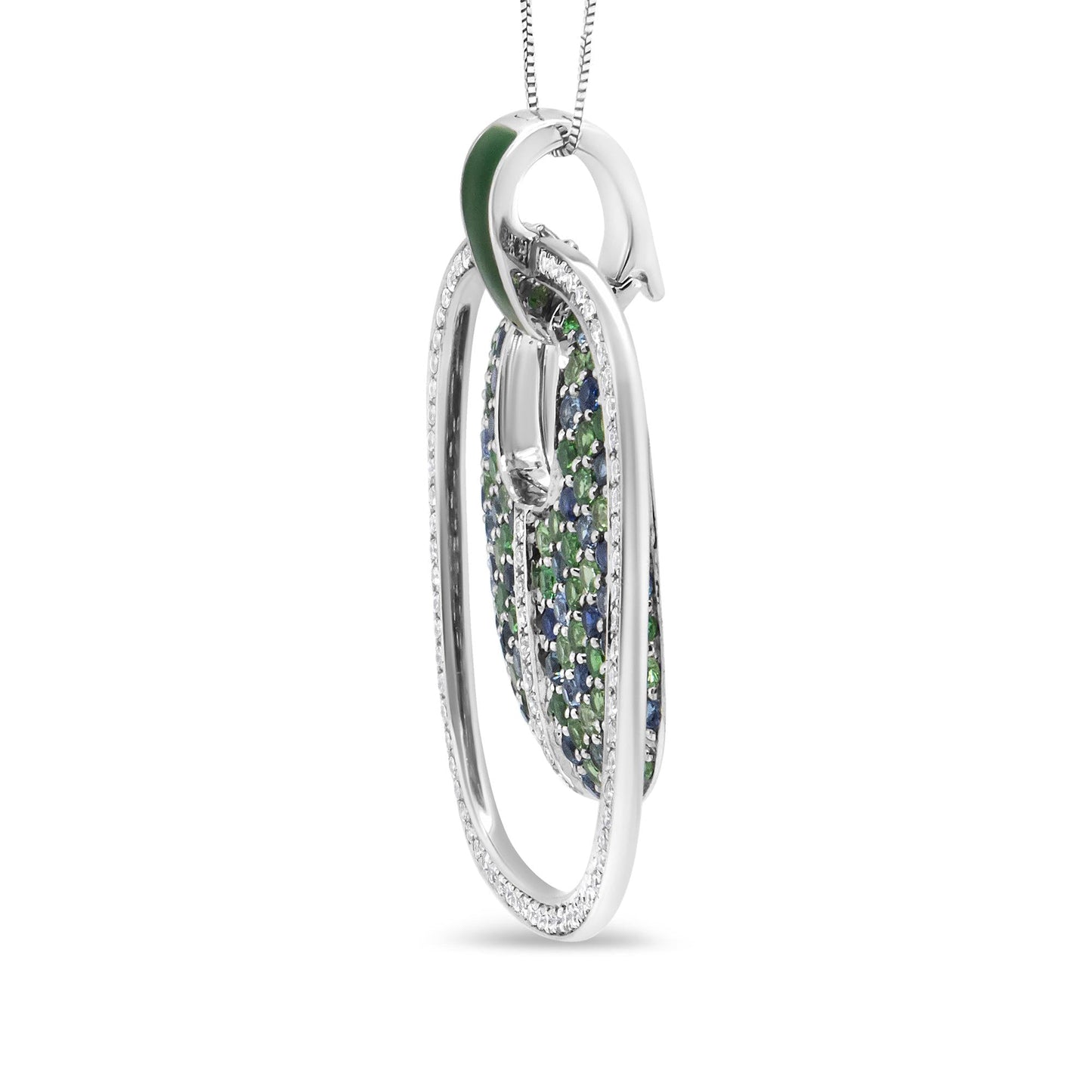 .925 Sterling Silver Green Enamel Pendant with 1/2 Cttw Diamond, Sapphire, and Tsavorite Openwork Statement 18" Pendant Necklace (F-G Color, VS1-VS2 Clarity)