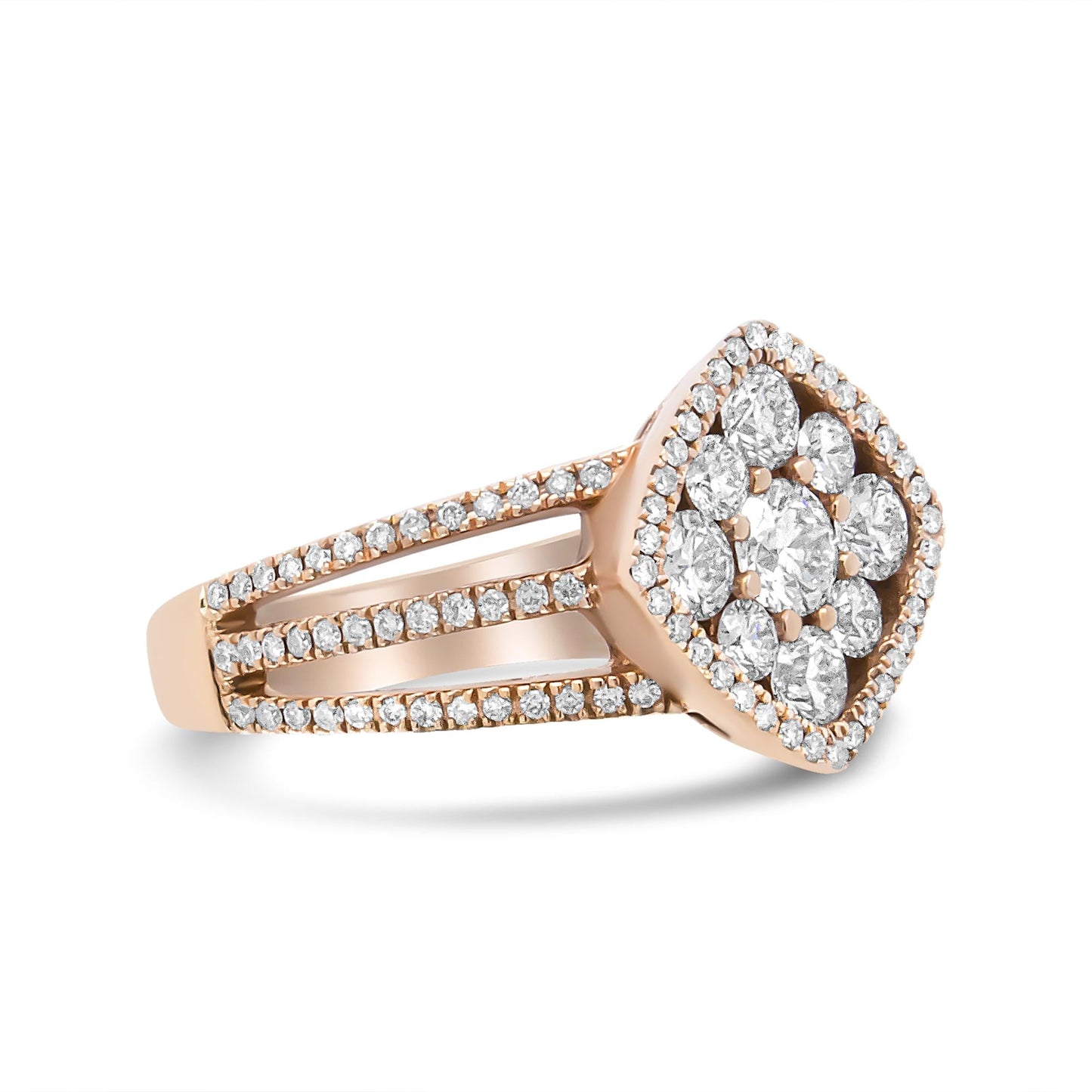 18K Rose Gold 1 1/4 Cttw Diamond Halo Cluster Split Shank Ring Band (F-G Color, VS1-VS2 Clarity)