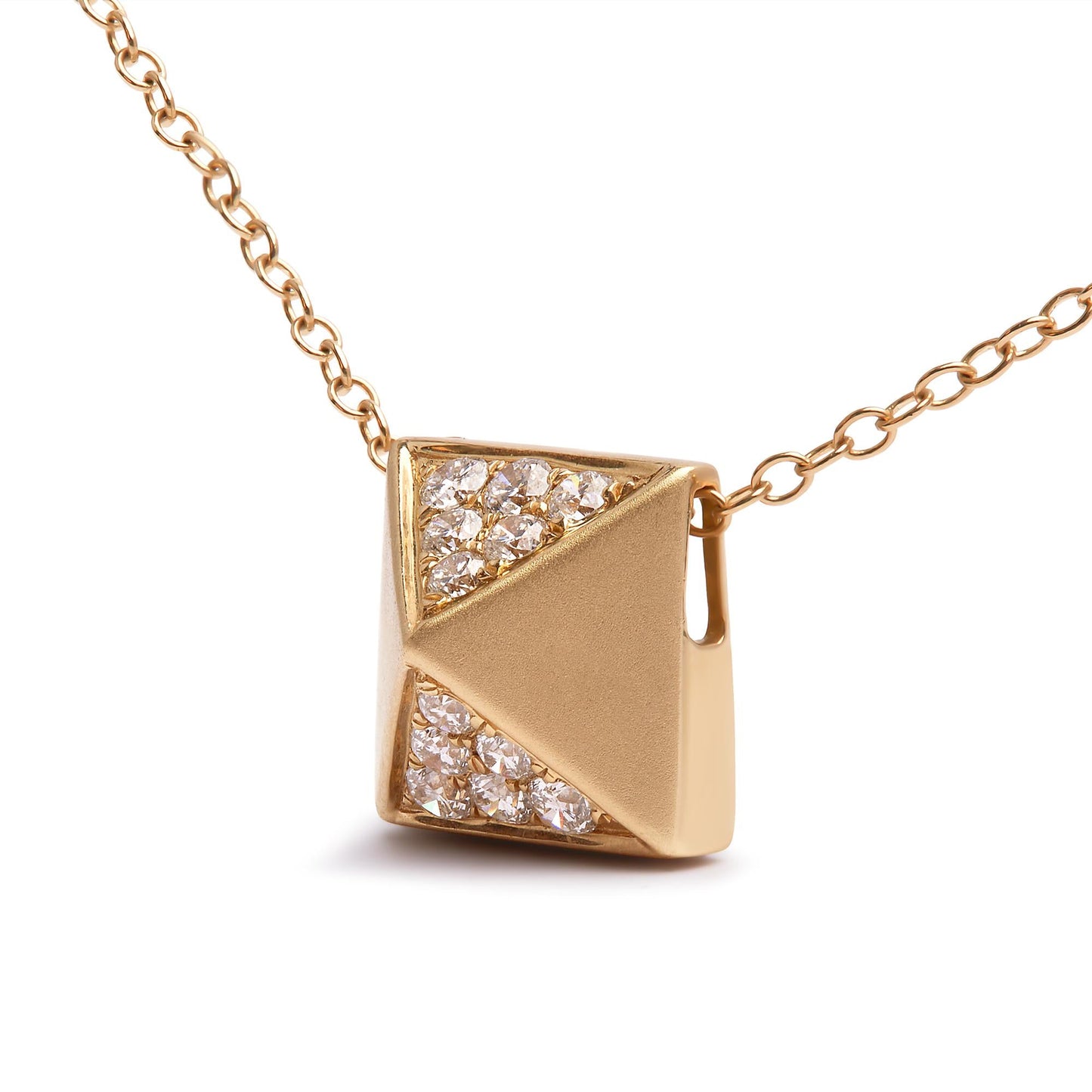 14K Yellow Gold 1/4 Cttw Diamond Matte Finished Pyramid Pendant Necklace (G-H Color, SI1-SI2 Clarity) - 18 Inches