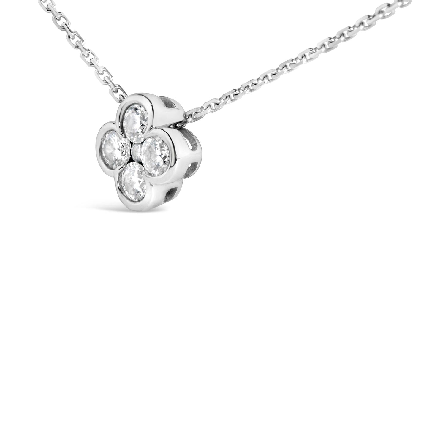 14K White Gold 1/2 Cttw Diamond Bezel 4 Point Floral Bloom 18" Inch Pendant Necklace (H-I Color, VS2-SI1 Clarity)