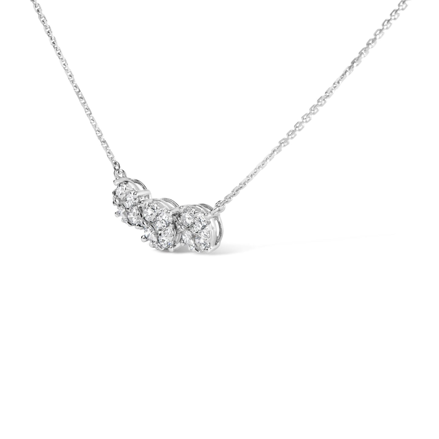 14K White Gold 1.0 Cttw Diamond 3 Station Cluster Necklace (G-H Color, VS2-SI1 Clarity) - 18" Inches