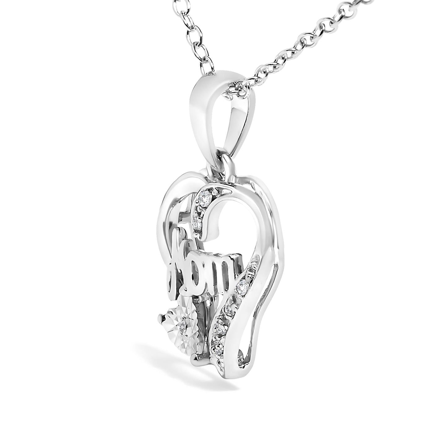 .925 Sterling Silver Diamond Accent Mom with Heart Pendant Necklace (J-K Color, I2-I3 Clarity) - 18" Inches