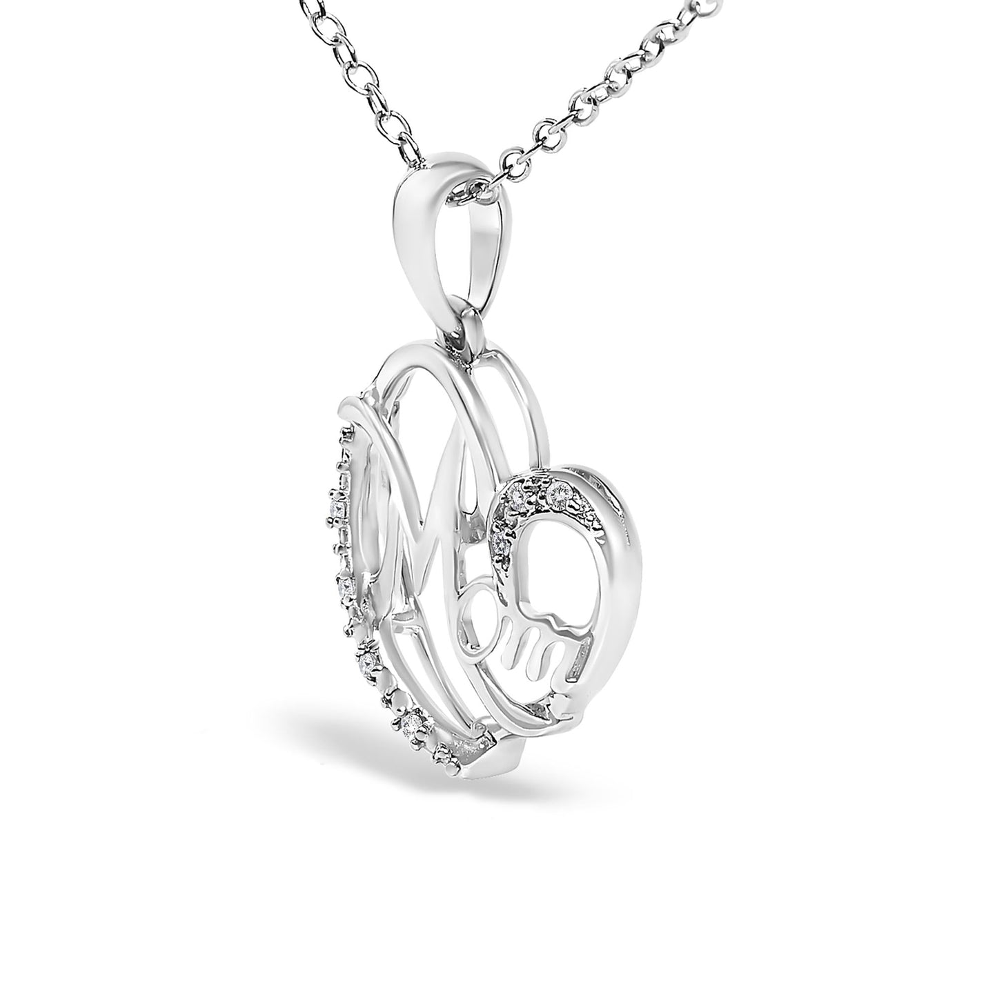 .925 Sterling Silver Cursive Mom Heart Diamond Accent Pendant Necklace (J-K Color, I2-I3 Clarity) - 18" Inches